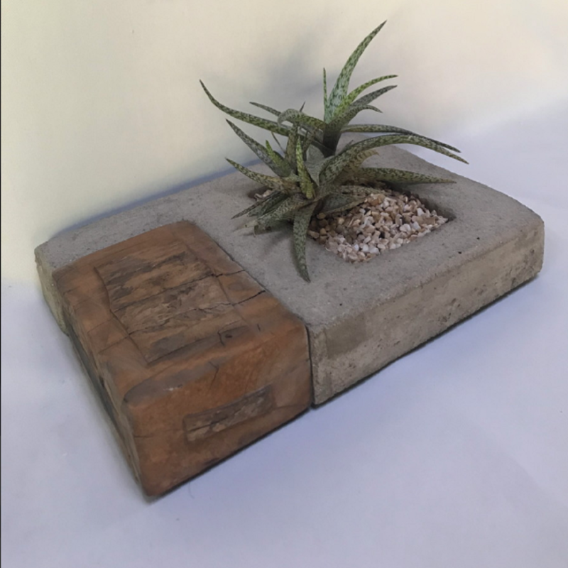 PEÇA DECORATIVA DE CIMENTO COM MADEIRA CLARA