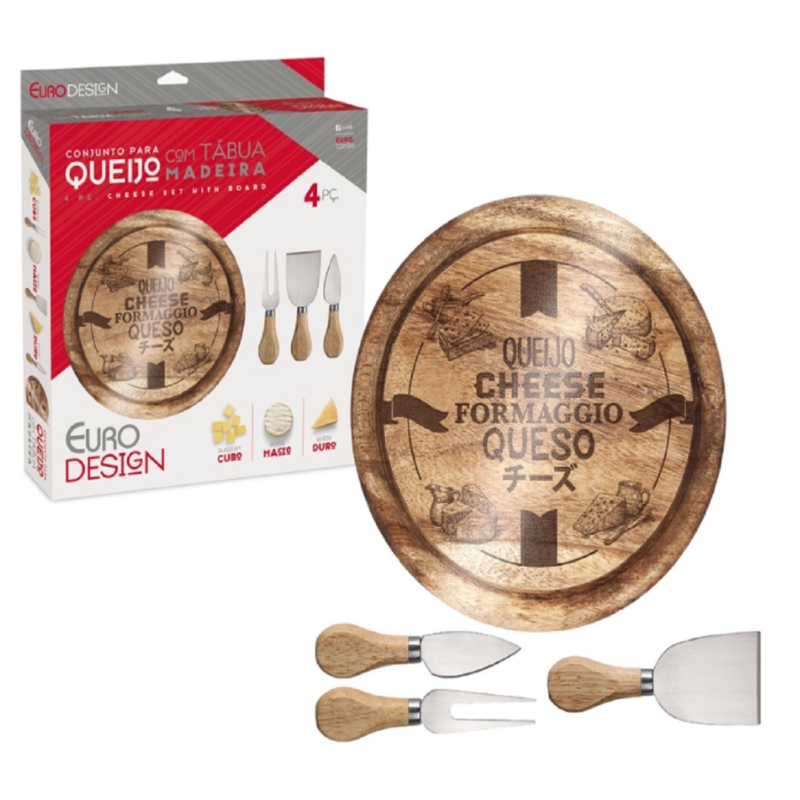 Conjunto para Queijo 4 Peças com Tábua vidro